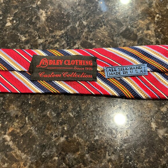 JZ RICHARDS Boulder Silk Necktie Red Blue Stripe Hand Made USA Lindley Clothing - Picture 4 of 7